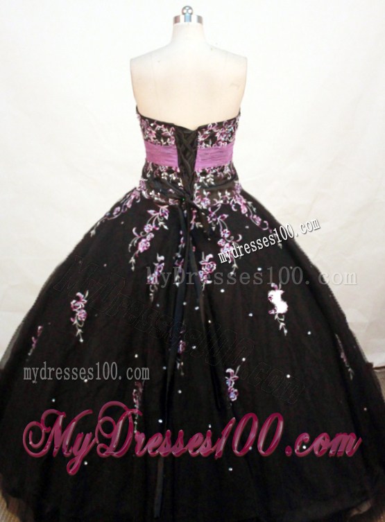 Black Ball Gown with Pink Appliques Sweetheart Quinceanera Dress